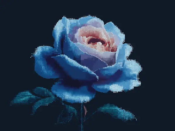 A blue pixel-art rose emerging from a deep navy background.
