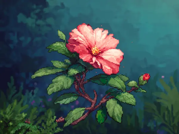 A coral hibiscus flower and bud surrounded by green leaves in a dark teal garden.