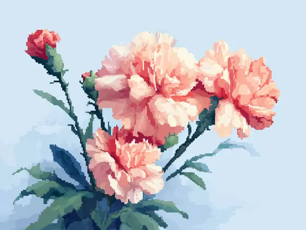 A cluster of pale coral pixel-art carnations and buds against a light blue background.