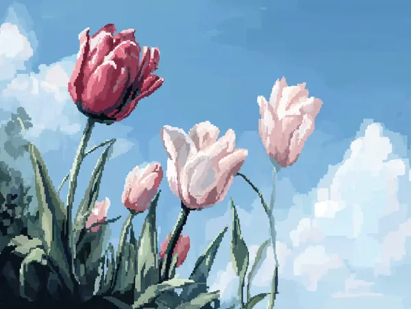 Pink and white pixel-art tulips reaching upward against a blue sky and soft clouds.
