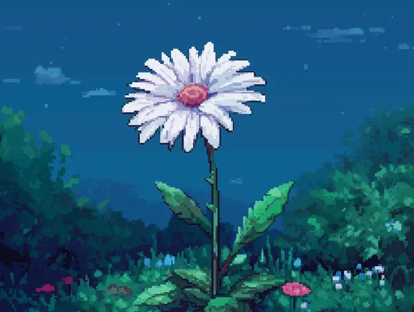 A single white pixel-art daisy standing in a deep blue and green field.