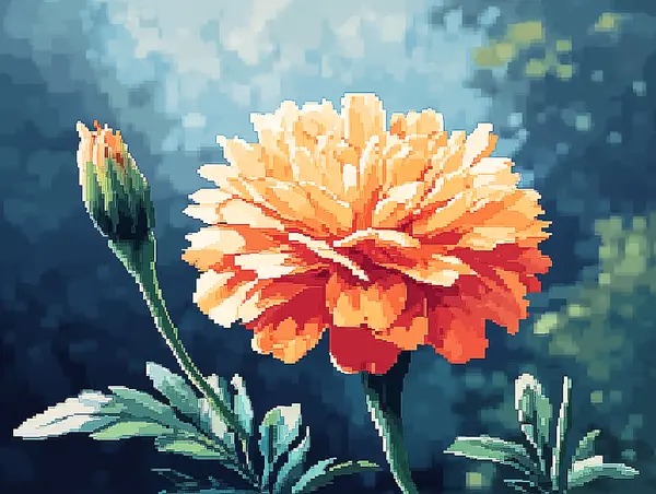 A luminous orange pixel-art flower and closed bud against a blue-green garden.